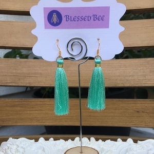 Aqua/gold tassel earrings